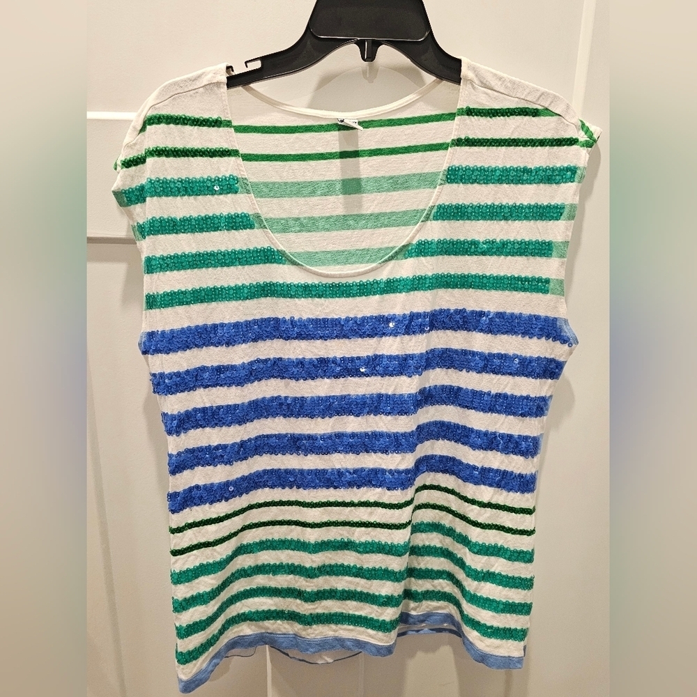 Old Navy Blue Green Sequin Stripe Tee Shirt Women’s Size Large Short Sleeve